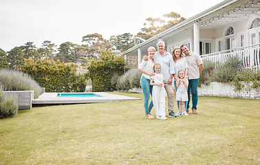 Image showing Portrait, real estate and a family in the garden of their new home together for a visit during summer. Children, parents and happy grandparents in the backyard for property investment with space