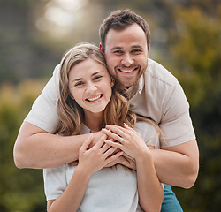 Image showing Happy couple, hug and man with embrace with portrait in backyard, garden or outside for bonding. People, woman and husband with excitement for memory, nostalgia and together for care of relationship