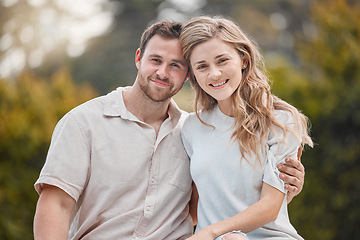 Image showing Happy couple, smile and embrace with portrait in garden, backyard or outdoors with hug for love. Man, woman and excitement on face for bond, care and support for romance, marriage or relationship