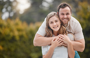 Image showing Happy couple, hug or embrace with portrait in backyard, garden or outside with love, care and support for bond. Man, woman and smile with excited expression for marriage, romance and relationship