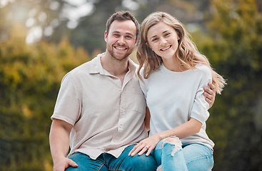 Image showing Happy couple, smile and hug with portrait in garden, backyard or outdoors with embrace for love. Man, woman and excitement on face for bond, care and support for romance, marriage or relationship