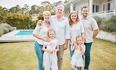 Image showing Portrait, property and a family in the garden of their new home together for a visit during summer. Children, parents and grandparents in the backyard of an apartment for real estate investment