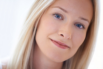 Image showing Calm, morning and portrait of woman closeup in home, apartment or beauty in white background. Positive, mindset and face of person in house to relax in living room with smile, happiness and skincare