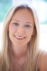 Image showing Woman, smile and portrait closeup in morning, home and apartment window with beauty or skincare. Positive, face and person in house to relax in living room with positivity, happiness or wellness