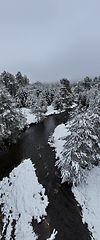 Image showing Amazing Cinematic Aerial View On Freezing River. Aerial View Flight Above Frozen Creek Scenic View Of Nature