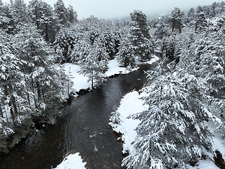 Image showing Amazing Cinematic Aerial View On Freezing River. Aerial View Flight Above Frozen Creek Scenic View Of Nature