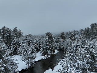 Image showing Amazing Cinematic Aerial View On Freezing River. Aerial View Flight Above Frozen Creek Scenic View Of Nature