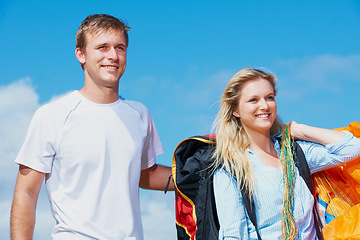 Image showing Paragliding, parachute and man with woman in nature in health fitness, wellness and love in support. Young couple, happy and outdoor together with safety harness, smile and adventure in countryside