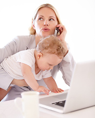 Image showing Businesswoman, phone call and baby with laptop in home for remote work, multitasking or productivity. Single mom, childcare and alone with busy toddler with stress for technology, career or job