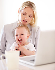 Image showing Businesswoman, crying and baby for remote work in home with laptop for multitask, productivity and job. Single mom, toddler and lap for comfort, childcare or love for freelance, development woking