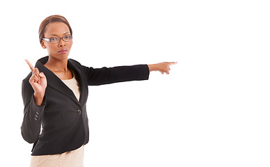 Image showing Business, pointing and black woman with warning, serious and employee isolated on white studio background. African person, portrait or agent with hand gesture, angry or reject with deny emoji or no