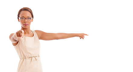 Image showing Business, pointing to you or black woman with reject, warning or model isolated on white studio background. African person, portrait or agent with hand gesture, angry or serious with deny emoji or no