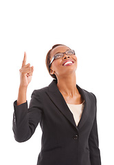 Image showing Business, pointing up and black woman with promotion, decision and employee isolated on white studio background. African person, worker or consultant with hand gesture, opportunity and announcement