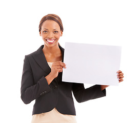 Image showing Business woman, poster mockup and advertising space for presentation of job opportunity, news or information in studio. Portrait of african employee with human resources board on a white background