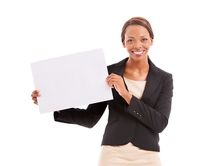 Image showing Business woman, poster mockup and presentation for advertising an opportunity, news or announcement in studio. Portrait of a happy african employee with paper and space isolated on a white background