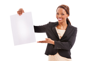 Image showing Business woman, poster space and presentation for advertising an opportunity, news or information in studio. Portrait or face of african employee with paper and mockup isolated on a white background