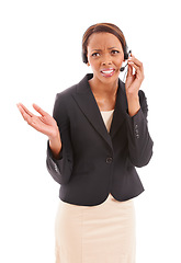 Image showing Business woman, call center and confused for communication mistake or e commerce error in studio. African advisor, consultant or agent talk on headphones with stress or question on a white background