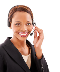 Image showing Business woman, call center and portrait in communication, customer service or support on a white background. Happy face of african advisor, consultant or agent in headphones for contact us in studio