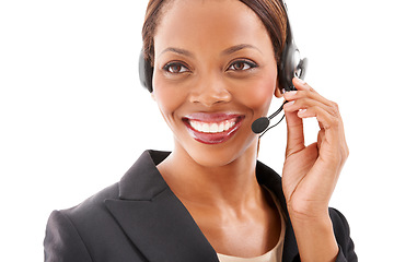 Image showing Business woman, call center and thinking of communication, customer service or support on a white background. Happy african advisor, consultant or agent in headphones or contact us solution in studio