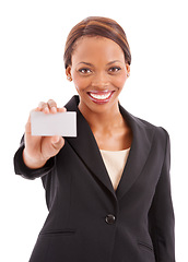 Image showing Business card, mockup and woman in portrait with design space, HR offer or career advertising in studio. Professional african worker with presentation or contact information on a white background