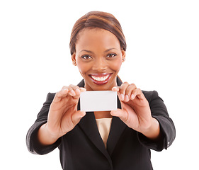 Image showing Business card, space and woman in portrait with mockup, HR offer or career advertising in studio. Happy african worker or employee for presentation or contact information on a white background