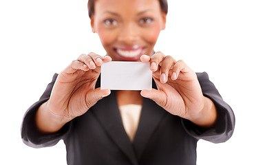 Image showing Business card, face and woman in mockup or space for agent contact information or marketing in studio. Portrait of consultant or employee presentation for advice or help on a white background