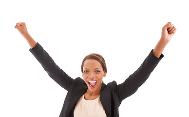 Image showing Business woman, winner and portrait for celebration, success or freedom with bonus, financial news or winning in studio. Yes of excited african worker with wow and achievement on a white background
