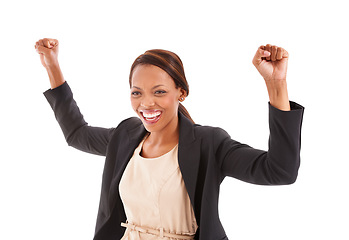 Image showing Happy black woman, fist pump and celebration for winning or business success against a white studio background. Excited African female person or employee smile for achievement, bonus or promotion