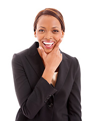 Image showing Thinking, happy and portrait of business black woman in studio for professional work, career and job. Corporate, hand gesture and isolated person with confidence, pride and ideas on white background