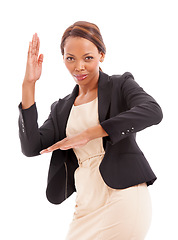 Image showing Portrait, business and black woman with karate, fighting and empowerment isolated on white studio background. Face, African person or model with defence, skills or employee with professional or agent