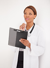 Image showing Woman, doctor thinking and healthcare charts for hospital schedule, management or results with solution or ideas. African person reading of medical checklist, clipboard or folder on a wall background