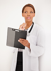 Image showing Woman, doctor thinking and clinic folder for healthcare schedule, management or results with solution and ideas. African person reading of medical checklist, clipboard or charts on a wall background