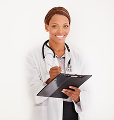 Image showing Doctor portrait, woman and folder or documents for medical information, test results or evaluation in studio. Face of healthcare worker writing in charts or checklist on a wall or white background