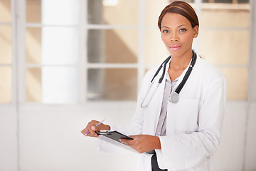 Image showing Doctor, woman and portrait with medical folder, charts and clinic management for services and professional healthcare. Face of hospital worker with clipboard, checklist or documents for health report