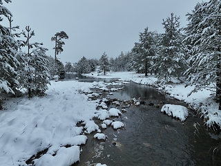 Image showing Amazing Cinematic Aerial View On Freezing River. Aerial View Flight Above Frozen Creek Scenic View Of Nature