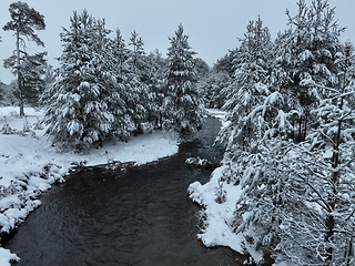 Image showing Amazing Cinematic Aerial View On Freezing River. Aerial View Flight Above Frozen Creek Scenic View Of Nature