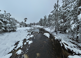 Image showing Amazing Cinematic Aerial View On Freezing River. Aerial View Flight Above Frozen Creek Scenic View Of Nature