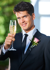 Image showing Happy man, portrait and groom with glass of champagne for wedding toast, celebration or speech at outdoor ceremony. Face of handsome, attractive or married male person with alcohol or sparkling drink