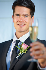 Image showing Wedding, toast and groom with portrait of champagne for romantic celebration, party or event. Cheers, alcohol and young man in suit with sparkling wine at luxury, elegant and fancy marriage ceremony.