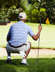 Image showing Back, man and golf with sports, activity and training with a club on a field or course for recreation or summer break. Golfing, grass or hobby with a golfer playing, game or practice with competition