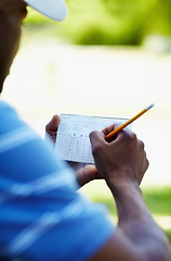 Image showing Sports, golf and person with scorecard on course with sheet for playing game, practice and training. Professional golfer, grass and hands writing score on paper for winning stroke for competition