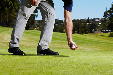 Image showing Sports, golf hole and person with ball on course playing game, practice and training for competition. Professional golfer, grass and hands of man placing tee for winning stroke, tournament or score