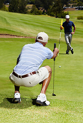 Image showing Sports, golf and people on course for game, practice and training for playing competition. Professional golfers, friends and hobby by tee hole, ball and golfing club for winning stroke or score