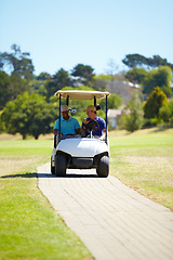 Image showing Man, friends and driving golf cart on course outdoor for sports match, golfing or exercise together. Male person, athlete or professional golfer riding to next pitch for easy transportation or game