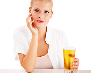 Image showing Woman, portrait and happy with beer drink in studio for weekend relax, summer beverage on white background. Female person, face and model or alcohol glass as pint enjoyment, lager or mockup space