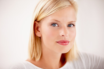 Image showing Woman, portrait and confident beauty in studio white background, makeup or natural. Female person, model and face for healthy care or cosmetic rest or vitality for wellness clean, mockup in Canada