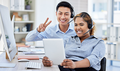 Image showing Call center, man and woman with selfie, smile or peace sign for teamwork and customer service in office. Telemarketing, people and employees or agents with tablet for social media profile picture