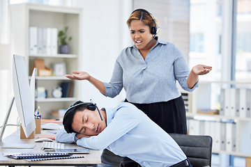 Image showing Call center, asian man sleeping and angry supervisor in an office for customer service or support. Burnout, tired or exhausted with a young consultant and crm manager in a telemarketing workplace