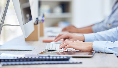 Image showing Office, communication and hands of employees typing email, report and contact technical support for crm. Computer, keyboard and people writing to clients for customer service or staff with tablet