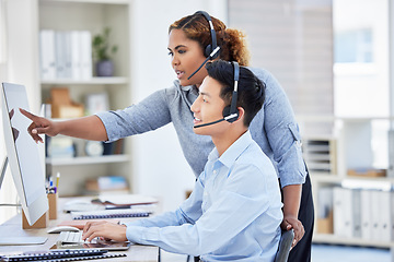Image showing Business people, call center training and computer for manager advice, customer support and feedback in office. Consultant woman, man or agency employees with teamwork, help and online communication